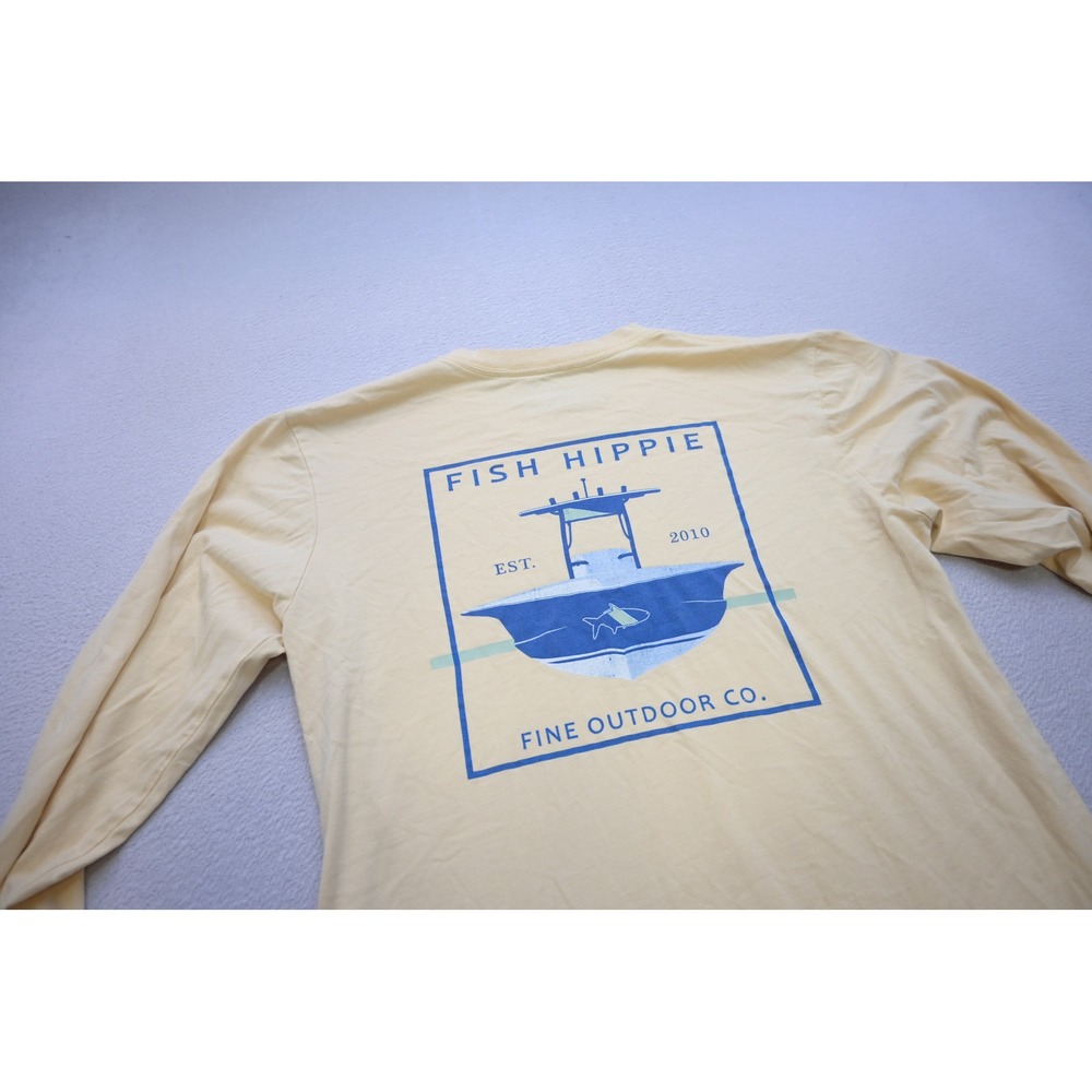 Fish Hippie Long Sleeve T-Shirt Mens Small Yellow Graphic Boat Outdoor Excellent